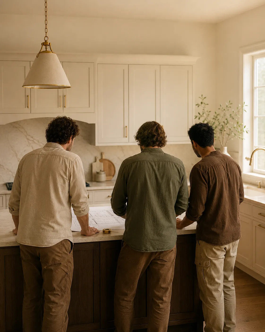 Anchor & Grain team reviewing project plans in a finished kitchen